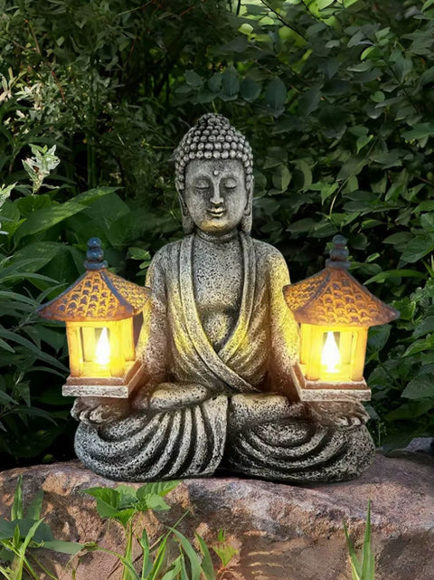 Statue Bouddha assis avec luminaire pour extérieur 21 cm