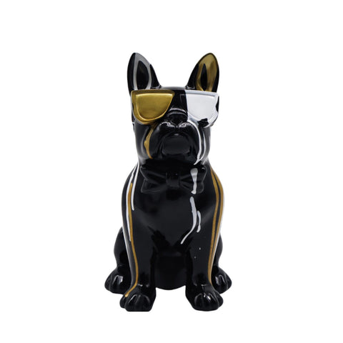 Statue bouldogue avec lunette noir, blanc, doré 25 cm