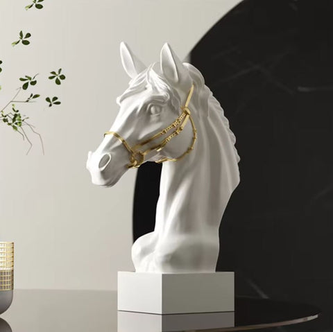 Statue buste tête de cheval blanche et dorée 30 cm