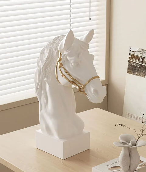 Statue buste tête de cheval blanche et dorée 30 cm