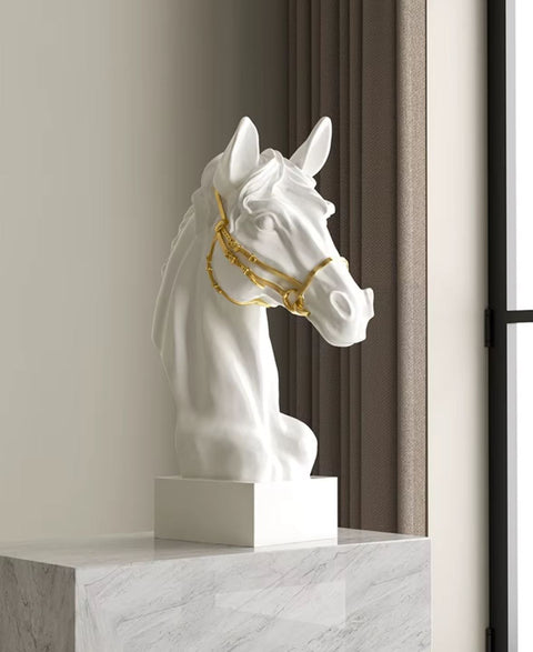 Statue buste tête de cheval blanche et dorée 30 cm