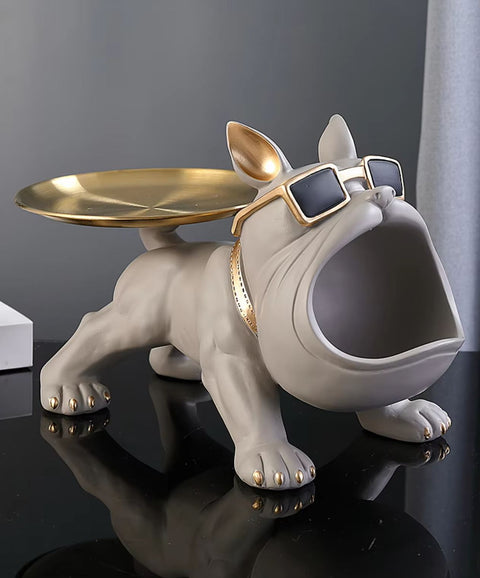 Statue chien bouledogue gris avec plateau 20 cm