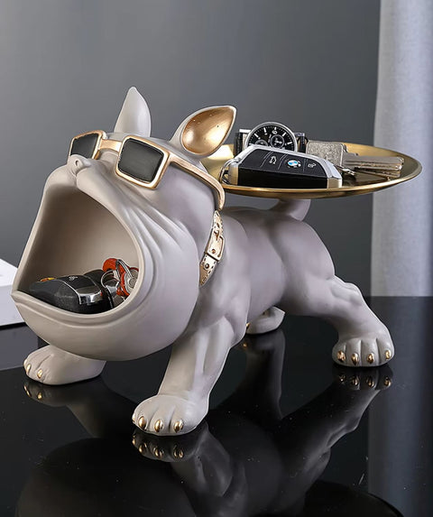 Statue chien bouledogue gris avec plateau 20 cm