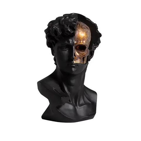 Statue grecque noire, crâne doré 28 cm