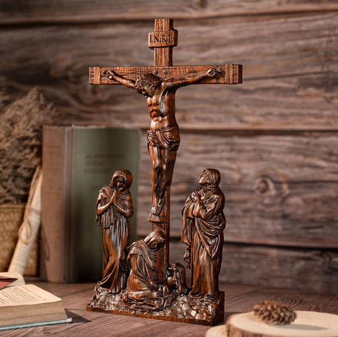 Statue Scène de Crucifixion Jesus Christ en bois 25 cm