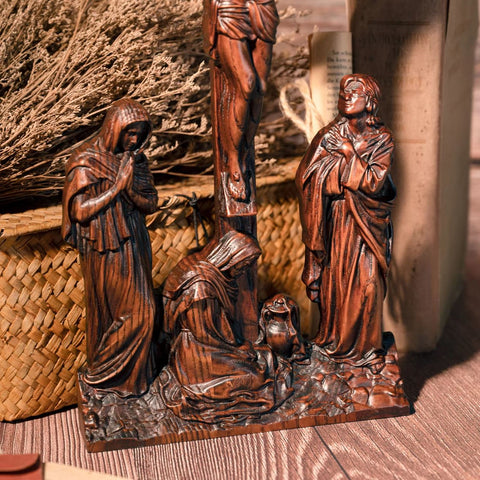 Statue Scène de Crucifixion Jesus Christ en bois 25 cm