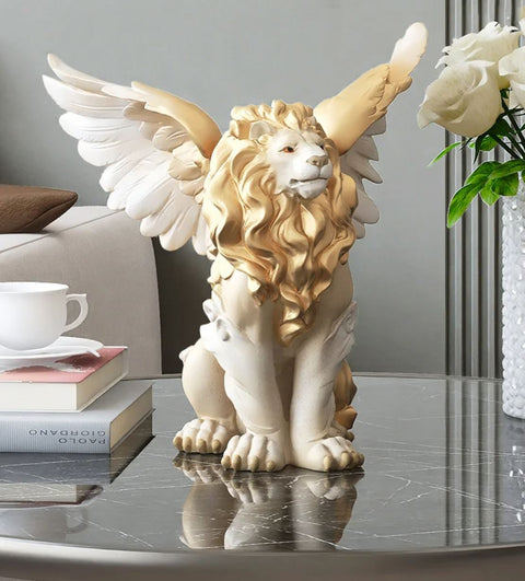 Statue lion ailé blanc / doré 27 cm