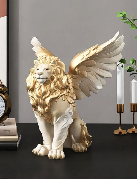 Statue lion ailé blanc / doré 27 cm