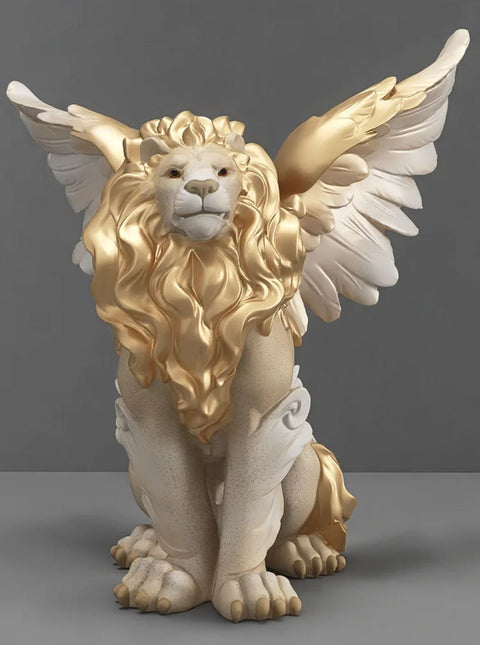 Statue lion ailé blanc / doré 27 cm