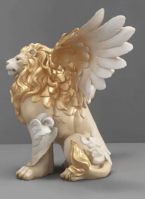 Statue lion ailé blanc / doré 27 cm